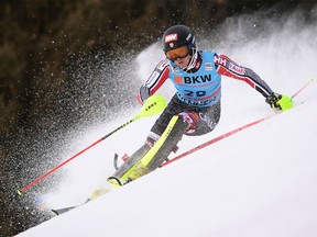 Canada's Erik Read competes in the first run of the men's Slalom race at the FIS Alpine Skiing World Cup in Wengen, on January 14, 2018. / AFP PHOTO / Fabrice COFFRINIFABRICE COFFRINI/AFP/Getty Images