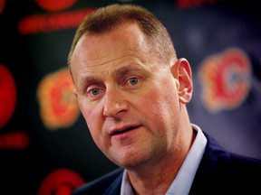 Calgary Flames GM Brad Treliving speaks about his team's moves after the NHL trade deadline at the Scotiabank Saddledome in Calgary on Monday, February 26, 2018. Al Charest/Postmedia