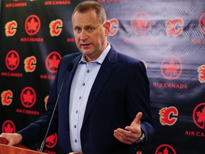 Calgary Flames GM Brad Treliving speaks about his team's moves after the NHL trade deadline at the Scotiabank Saddledome in Calgary on Monday, February 26, 2018. Al Charest/Postmedia