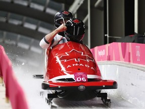Canada's Justin Kripps and Alex Kopacz compete in bobsleigh at the Pyeongchang Olympics on Feb. 19.
