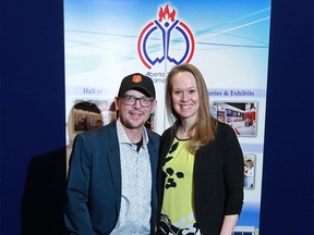 Theoren Fleury and Cindy Klassen pose for a photo after it was announced that there were two of the twelve inductees for 2018 to the Alberta Sports Hall of Fame. The announcement took place at Canada Olympic Park on Monday February 26, 2018. The induction banquet takes place on June 1st in Red Deer, AB. Gavin Young/Postmedia