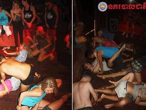 In this file photo dated Jan. 25, 2018, issued by Cambodian National Police, a group of unidentified foreigners, who are accused of "dancing pornographically" at a party in Siem Reap town, near the country's famed Angkor Wat temple complex.