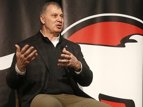 Canadian Football League commissioner Randy Ambrosie answers questions from Stampeders season ticket holders during a meeting at the Saddledome's Chrysler Club on Tuesday, February 6, 2018. Dean Pilling/Postmedia