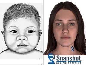 On the left, a police sketch of an infant that was found dead in a dumpster in Bowness on Dec. 24, 2017.  On the right, an image created using DNA phenotyping that Calgary police say bears a likeness to the mother of the baby.