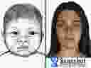 On the left, a police sketch of an infant that was found deceased in a dumpster in Bowness on Sunday, Dec. 24, 2017.  On the right, an image created using DNA phenotyping that Calgary police say bears a likeness to the mother of the baby.