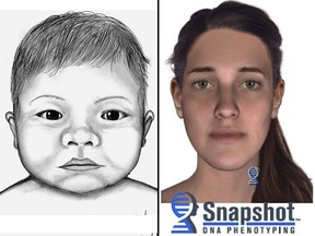 On the left, a police sketch of an infant that was found deceased in a dumpster in Bowness on Sunday, Dec. 24, 2017.  On the right, an image created using DNA phenotyping that Calgary police say bears a likeness to the mother of the baby.