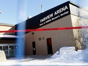 Workers and Investigators inspect Fairview Arena in Calgary after the roof caved in on Tuesday on Wednesday February 21, 2018. Darren Makowichuk/Postmedia