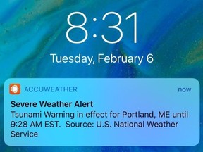 Some people on the East Coast got a push alert on their phones Tuesday, Feb. 6, 2018, about a tsunami warning, but the National Weather Service says it was just a test. Meteorologist Hendricus Lulofs said there was a glitch Tuesday during a routine test.