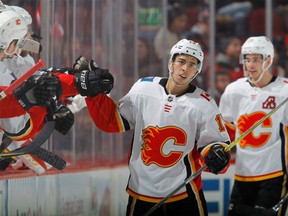 Johnny Gaudreau of the Calgary Flames celebrates a goal earlier this season at Prudential Center in Newark, N.J.