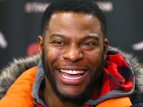 CFL player Charleston Hughes speaks to media in Calgary on Friday, February 2, 2018. The veteran player was traded Friday from the Stampeders to the Hamilton Tiger-Cats and then a few minutes later to the Saskatchewan Roughriders.