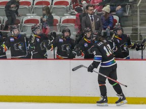 The rainbow-jerseyed Calgary Inferno celebrate a goal during You Can Play night at WinSport on Saturday, Feb. 24