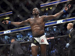 Jon Jones reacts after knocking out Daniel Cormier during UFC 214 in Anaheim, Calif., Saturday July, 29, 2017. (Hans Gutknecht /Los Angeles Daily News via AP)