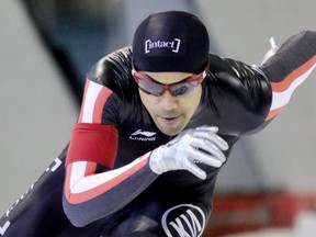 CALGARY.; JANUARY 05, 2015 -- Canadian speed skater Junio Gilmore races to second place at the men's 500m start during the Canadian Championships at the Olympic Oval in Calgary o January 5, 2016. Photo by Leah Hennel,