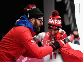 Alex Gough of Canada celebrates winning the bronze medal after the women's luge at the 2018 Winter Olympics on Feb. 13, 2018 in Pyeongchang.