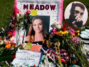 A memorial for Meadow Pollack, one of the victims of the Marjory Stoneman Douglas High School shooting, sits in a park in Parkland, Fla., on Feb. 16, 2018. (Inset) Nikolas Cruz. (RHONA WISERHONA WISE/AFP/Getty Images/Supplied)