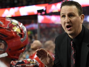 Curt Malawsky enjoys a milestone win with the Calgary Roughnecks at the Saddledome on Feb. 10, 2018.