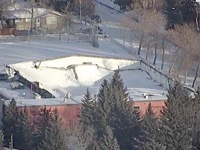 A screen grab photo from the Global 1 helicopter after the roof collapsed at the Fairview hockey rink in southeast Calgary. Courtesy of Global News Calgary