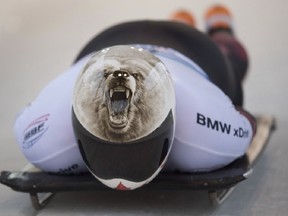 Canada's Barrett Martineau speeds down the track during the men's skeleton World Cup in Altenberg, Germany, on Jan. 5.  Photo by Sebastian Kahnert/dpa via AP.