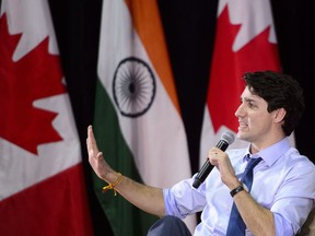 Prime Minister Justin Trudeau takes part in an armchair discussion at the Indian Institute of Management in Ahmedabad, India on Monday, Feb. 19, 2018.