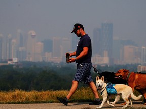 James Higgins walks his dogs during a smoky afternoon last July.