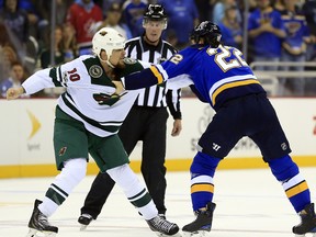 Chris Stewart tangles with St. Louis Blues Chris Thorburn on Sept. 28, 2017.