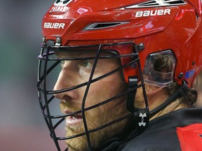 The Roughnecks' Tyler Burton before a National Lacross League game between the Vancouver Stealth and the Calgary Roughnecks at the Scotiabank Saddledome in Calgary, Alta. on Friday January 6, 2017.