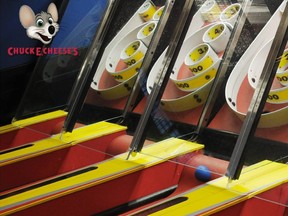 A promotional photo released by Chuck E. Cheese featuring a skee-ball game.