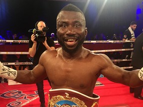 Albert Onolunose celebrates winning the NABO middleweight title over Francis Lafreniere of Montreal on Thursday, March 15, 2018, at Casino Montréal.