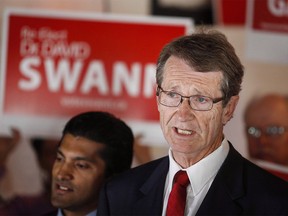 Alberta Liberal Leader David Swann makes a policy announcement in Calgary, Alta., Monday, April 27, 2015.  THE CANADIAN PRESS/Jeff McIntosh ORG XMIT: CPT117