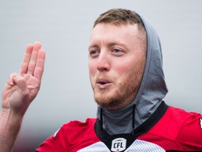 Calgary Stampeders quarterback Bo Levi Mitchell jokes around during practice on Nov. 25, 2017