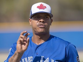 Toronto Blue Jays pitcher Marcus Stroman gestures at the end of his live batting practice session on Wednesday February 21, 2018. THE CANADIAN PRESS/Frank Gunn