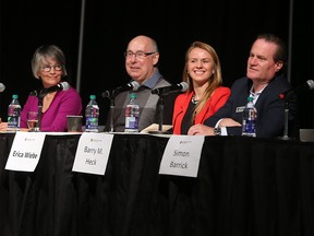 From left; City of Calgary Councillor Druh Farrell, Roger Jackson, Professor Emeritus, Faculty of Kinesiology, Erica Weibe, 2016 Olympic Gold Medalist and Barry Heck, President and CEO, WinSport were part of a panel reimagining Winter Olympic and Paralympic bids at the University of Calgary on Tuesday, March 6, 2018.  Gavin Young/Postmedia