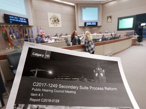 The City of Calgary council chambers were photographed during a public hearing, Thursday March 8, 2018, on changing the City's bylaw on how secondary suites are approved. Gavin Young/Postmedia