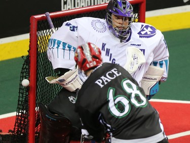 The Calgary Roughnecks' Tyler Pace hits the post with this shot on Rochester Knighthawks goaltender Angus Goodleaf during NLL action at the Scotiabank Saddledome in Calgary on Saturday March 17, 2018.