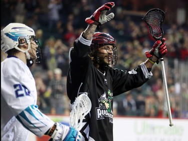 The Calgary Roughnecks' Tyson Bell celebrates his team's goal on the Rochester Knighthawks during NLL action at the Scotiabank Saddledome in Calgary on Saturday March 17, 2018.