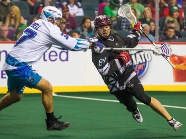 The Calgary Roughnecks' Riley Loewen manoeuvres around the Rochester Knighthawks' Scott Campbell during NLL action at the Scotiabank Saddledome in Calgary on Saturday March 17, 2018.