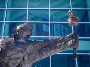 The Share the Flame statue at the Canada Olympic Park at WinSport.