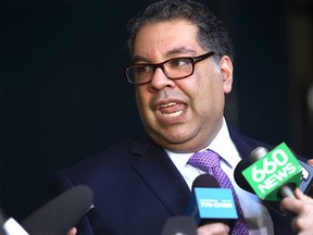 Mayor Naheed Nenshi speaks to media during their lunch break at City Hall in Calgary on Monday March 19, 2018. Darren Makowichuk/Postmedia