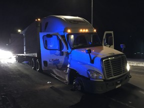 The RCMP Emergency Response Team and the Calgary Police Service TAC team safely stopped this semi on 40th Avenue in Airdrie after a pursuit that begin in Red Deer.