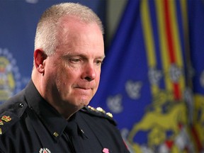 Calgary police Chief Roger Chaffin speaks to media at police headquarters in Calgary on Tuesday, March 27, 2018. An officer was shot while on duty earlier in the day, and is currently in stable condition in hospital.