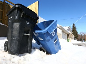A City of Calgary black bin used to collect garbage and a blue bin for recycling, in an alley in Acadia in Calgary.