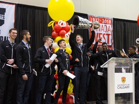 The Calgary Dinos are feted by the university on March 22, 2018, for their national championship victory.