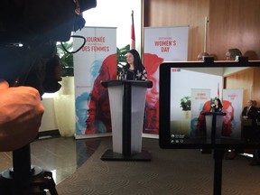 Status of Women Minister Maryam Monsef announces funding for Global Compact Network Canada to supprt their Gender Equality Leadership in the Canadian Private Sector project on Mar. 8, 2018.
