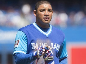 Toronto Blue Jays' Ezequiel Carrera makes his way towards the dugout during MLB action against the Minnesota Twins, in Toronto on Sunday, Aug. 27, 2017