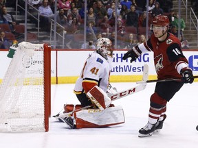 Arizona Coyotes left wing Max Domi (16) celebrates his goal against Calgary Flames goaltender Mike Smith (41) during the second period of an NHL hockey game Monday, March 19, 2018, in Glendale, Ariz.