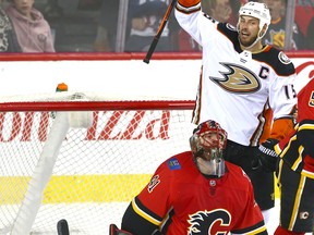 The Ducks' Ryan Getzlaf celebrates his team's third goal in the second-period during NHL action between the Anaheim Ducks and the Calgary Flames on Wednesday, March 21, 2018 in Calgary at the Saddledome.