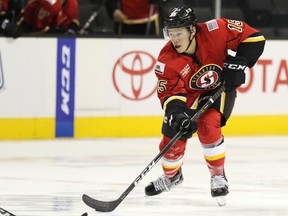 Calgary Flames prospect Spencer Foo toils for the AHL's Stockton Heat.