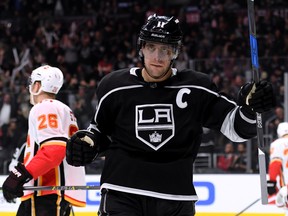 LOS ANGELES, CA - MARCH 26:  Anze Kopitar #11 of the Los Angeles Kings celebrates his goal to take a 2-0 lead over the Calgary Flames during the second period at Staples Center on March 26, 2018 in Los Angeles, California.  (Photo by Harry How/Getty Images)