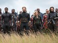 (L-R) Black Panther/T'Challa (Chadwick Boseman), Captain America/Steve Rogers (Chris Evans), Black Widow/Natasha Romanoff (Scarlet Johansson) and Winter Soldier/Bucky Barnes (Sebastian Stan). Photo: Chuck Zlotnick.