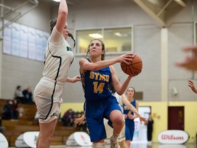 Emily Wagner (right) and the St. Mary's Lightning couldn't get by the Montmorency Nomades at the CCAA women's basketball nationals on Thursday, March 15, 2018
